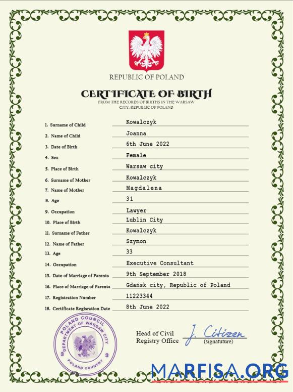 Realistic Poland vital record birth certificate PSD template,